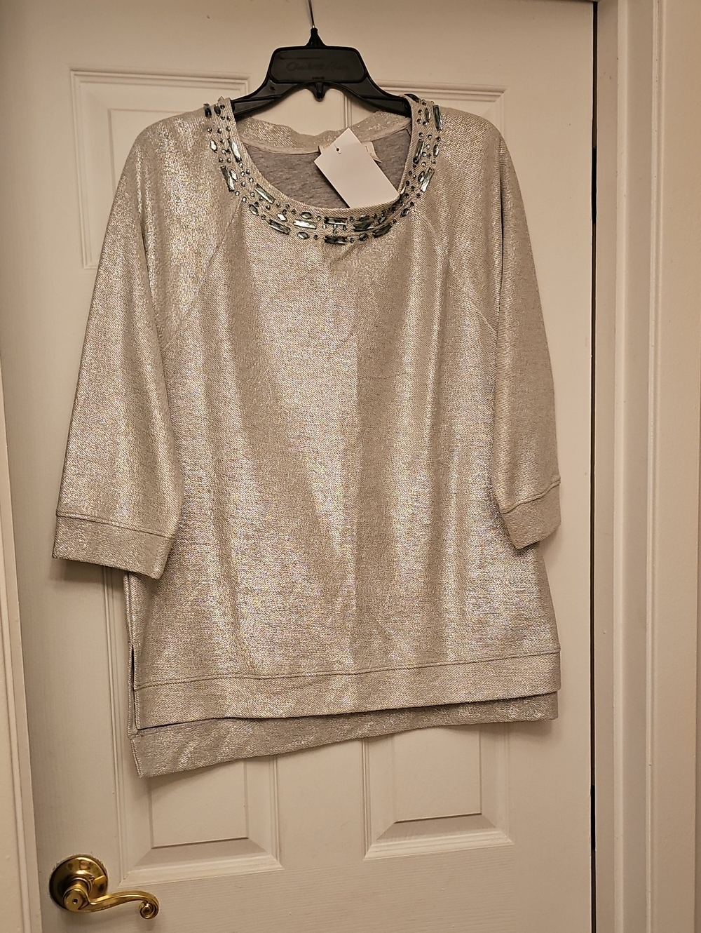 Chico's Metallic Silver Embellished Neck Sweatshirt